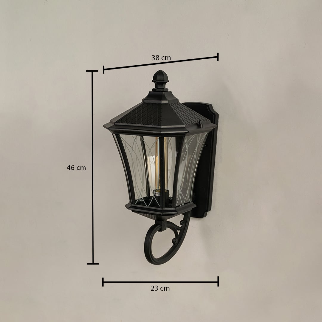 Black wall lantern with size details showing 46 cm height 38 cm width and 23 cm depth displayed clearly against a plain background.