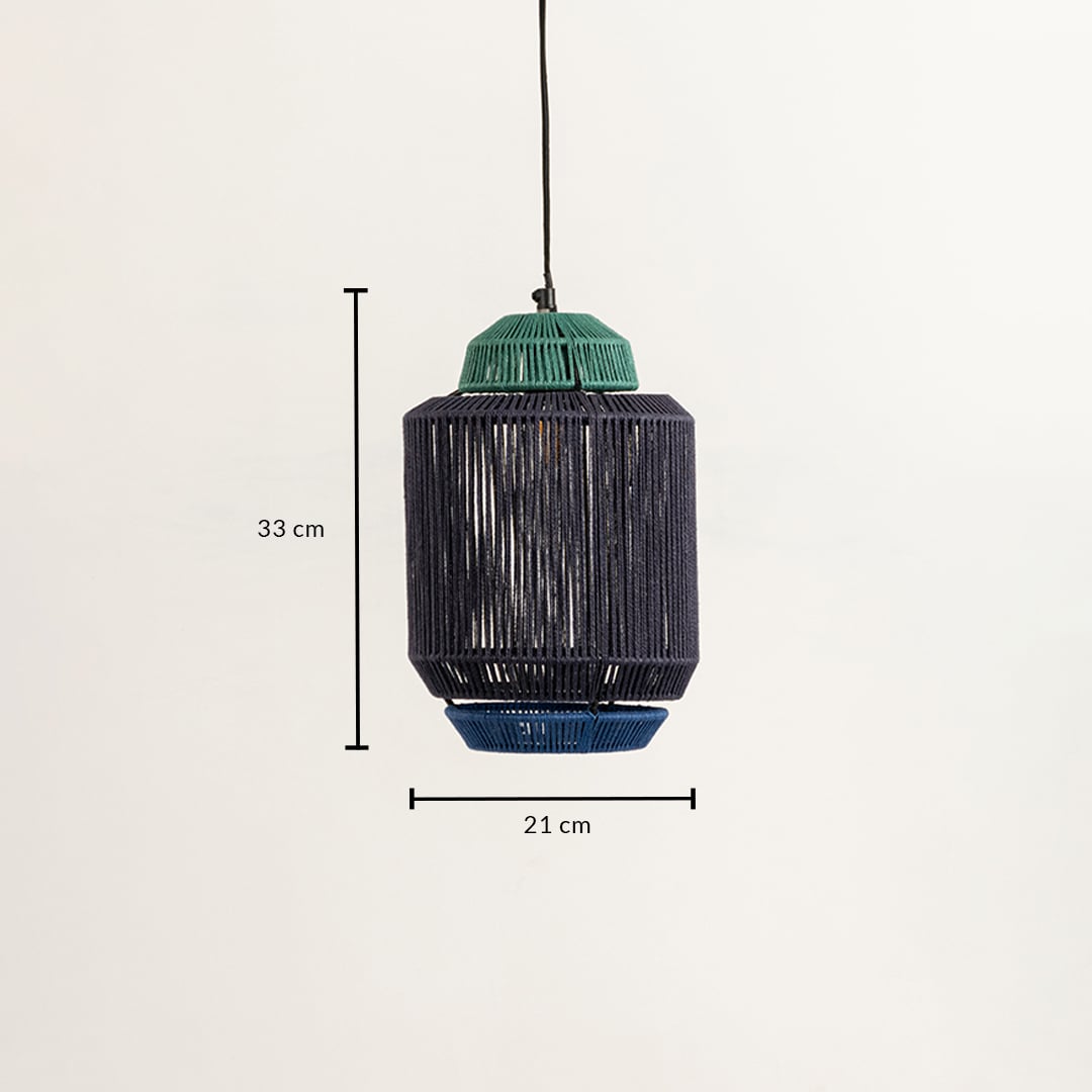 Pendant light with dark woven cylindrical shade shown with dimensions of 30 cm width and 50 cm height creating a warm handcrafted accent for interior decor.