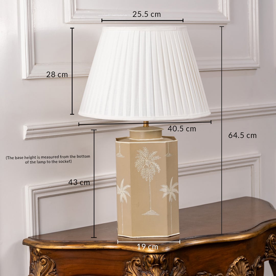 Beige palm table lamp with pleated white shade measuring 64.5 cm height 43 cm base height 25.5 cm top width 19 cm base width and 40.5 cm overall width perfect for decorative lighting.