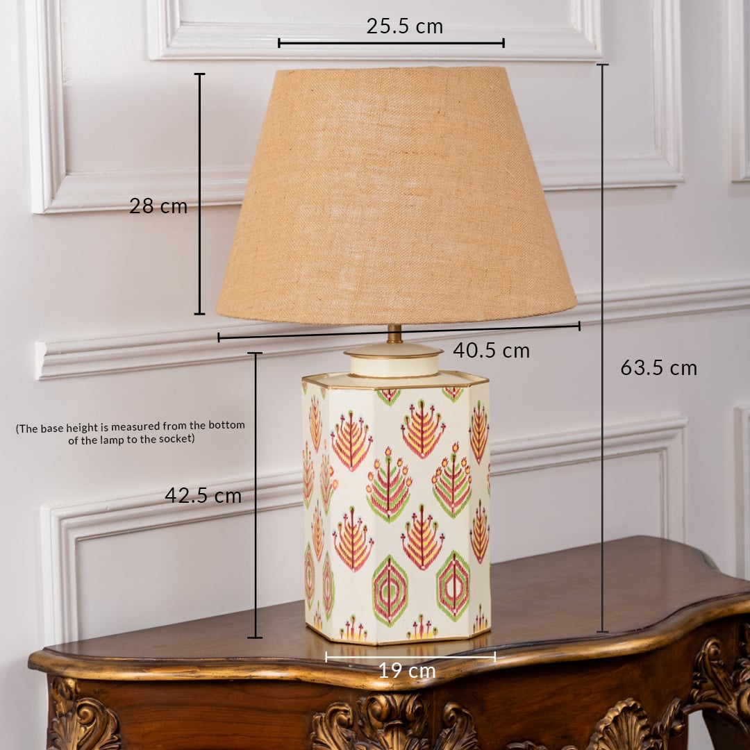 Ceramic lamp with beige shade showing total height of 63.5 cm base width of 19 cm and shade width of 25.5 cm. The image highlights balanced proportions ideal for bedside tables study desks and living room corners.