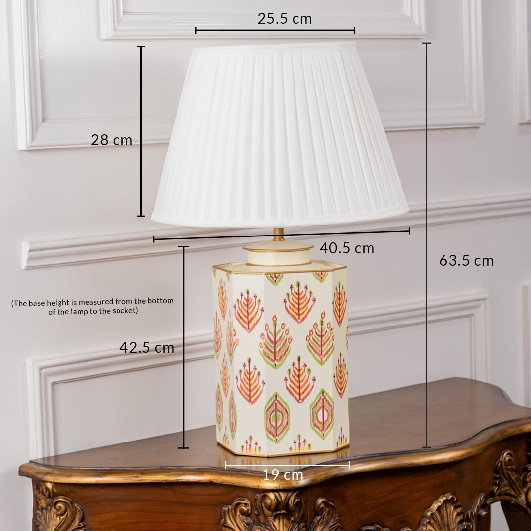 Ceramic table lamp with size reference showing total height of 63.5 cm base width 19 cm and shade width 25.5 cm. The image highlights the lamp’s ideal proportions for bedside tables console tables and study desks enhancing functional elegance.