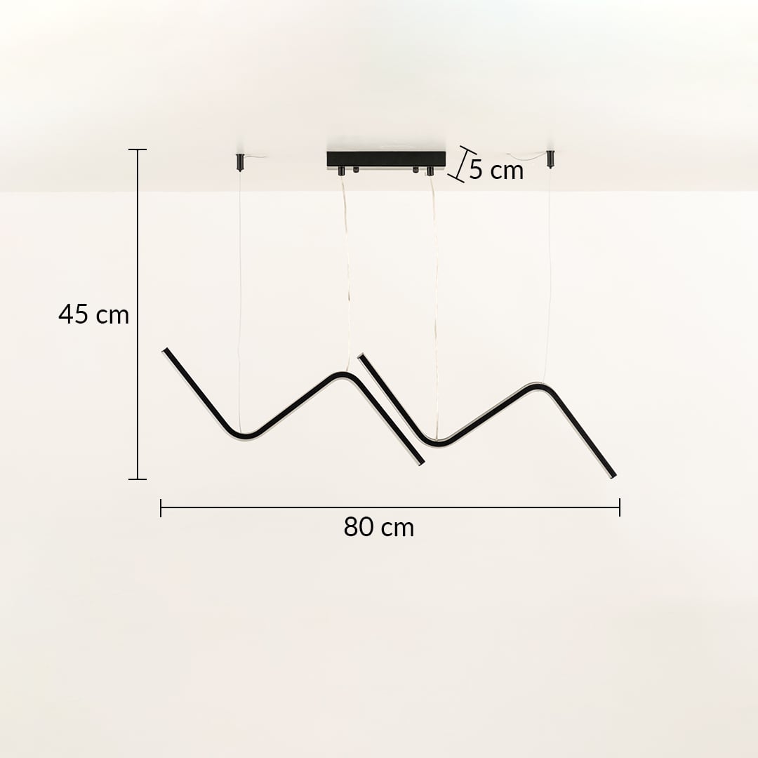 Black wave LED chandelier with curved modern bars shown with 80 cm width and 40 cm height offering artistic ceiling lighting ideal for contemporary home decor.