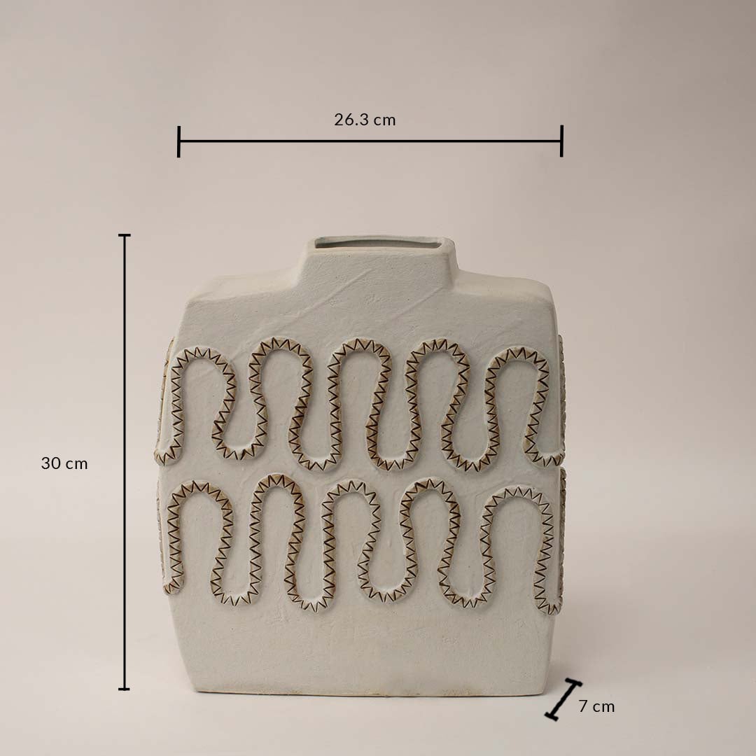 Square white ceramic vase with zigzag carved texture shown with 30 cm height and 26.3 cm width for stylish interior decor.