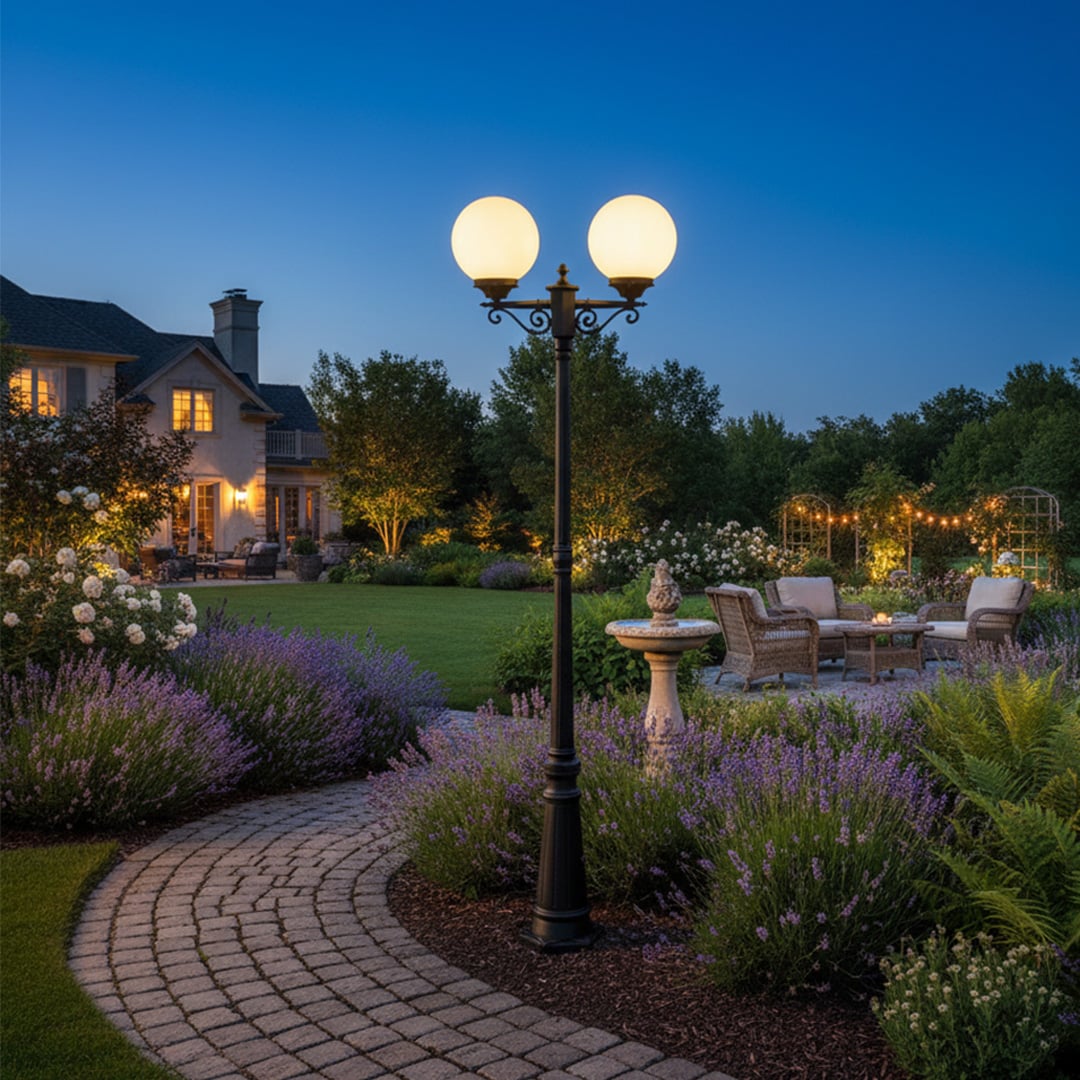Twin globe outdoor post light in black metal installed along garden walkway creating elegant evening ambiance for landscaped outdoor spaces.