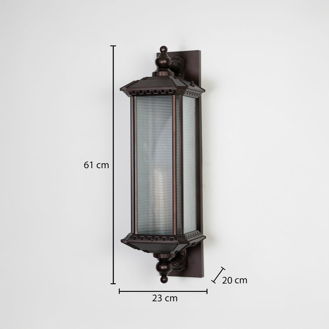 Outdoor wall lantern in black metal with glass panels mounted vertically showing 61 cm height 23 cm width and 20 cm depth.