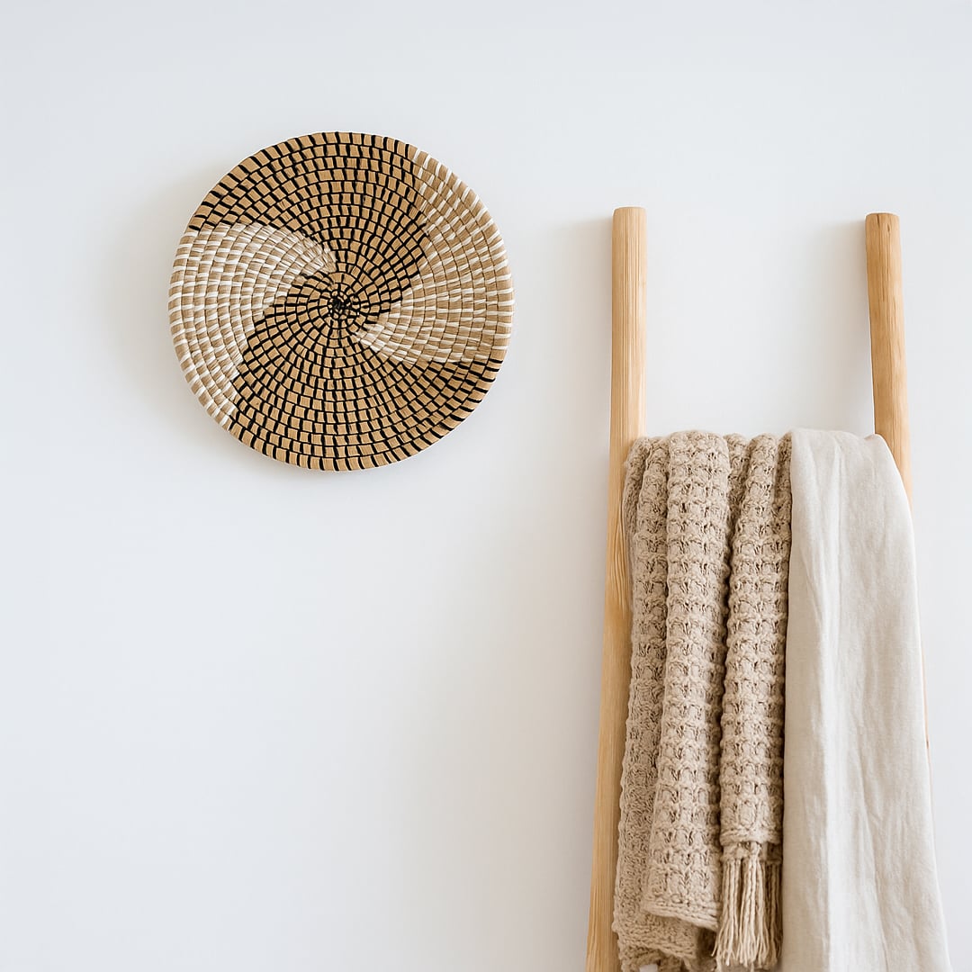 A woven wall basket with a spiral design hangs on a white wall beside a wooden ladder rack draped with a textured beige throw and cream cloth.