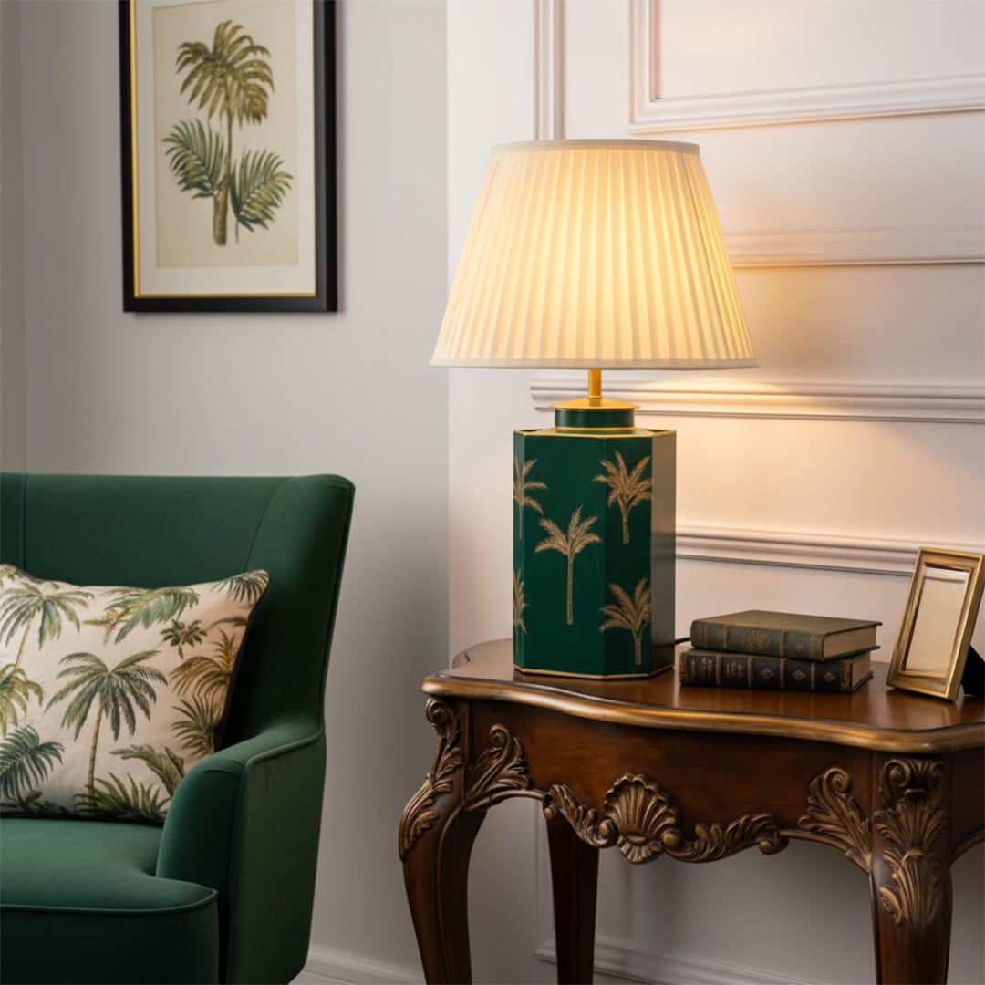 warli dandak blue metal table lamp off white pleated lamp shade main lifestyle