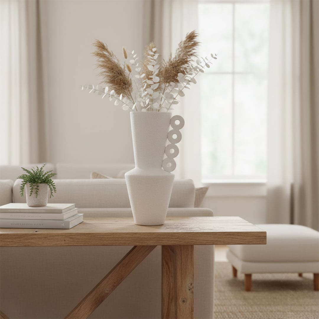 Matte white ceramic vase with artistic circular handles on white background showcasing modern handcrafted home decor.