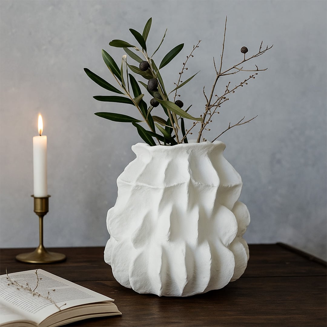 White textured ceramic vase with sculptural carved surface styled as modern table decor accent for living room interiors.