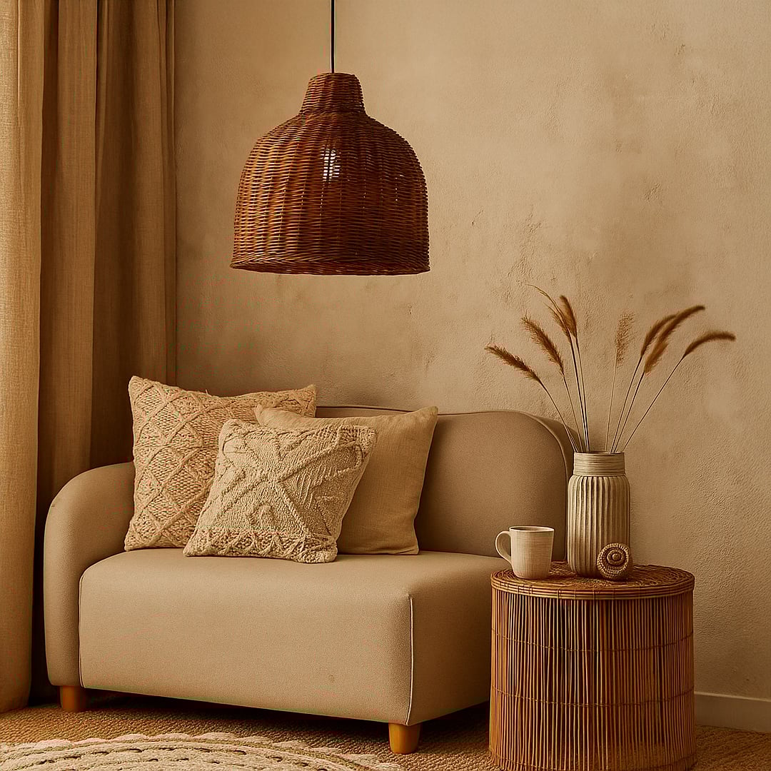 Handwoven rattan pendant light styled in cozy living room above beige sofa with boho cushions and natural decor.