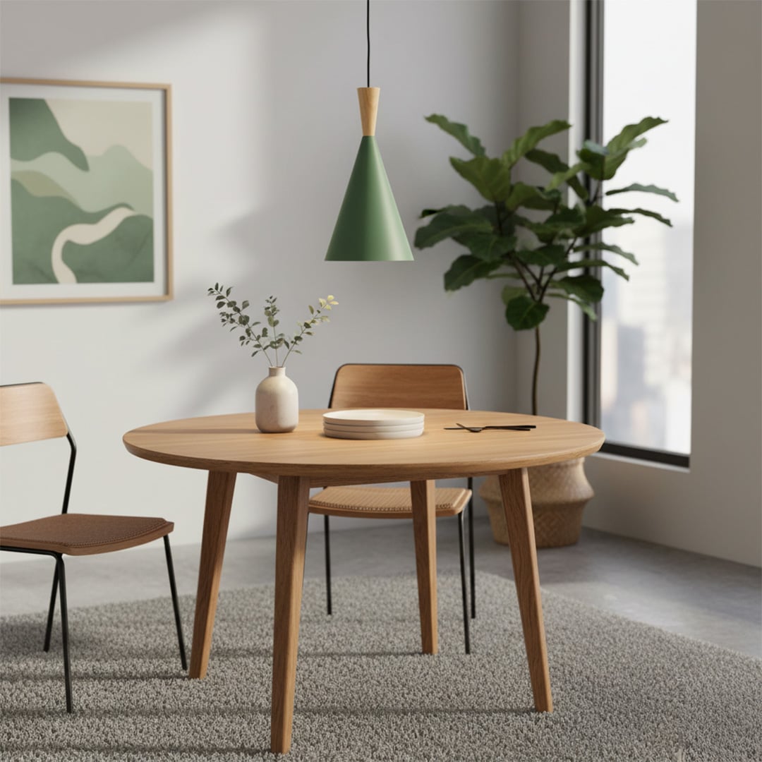 Modern cone pendant lights in green red and yellow with wooden top design for dining or living space decor.