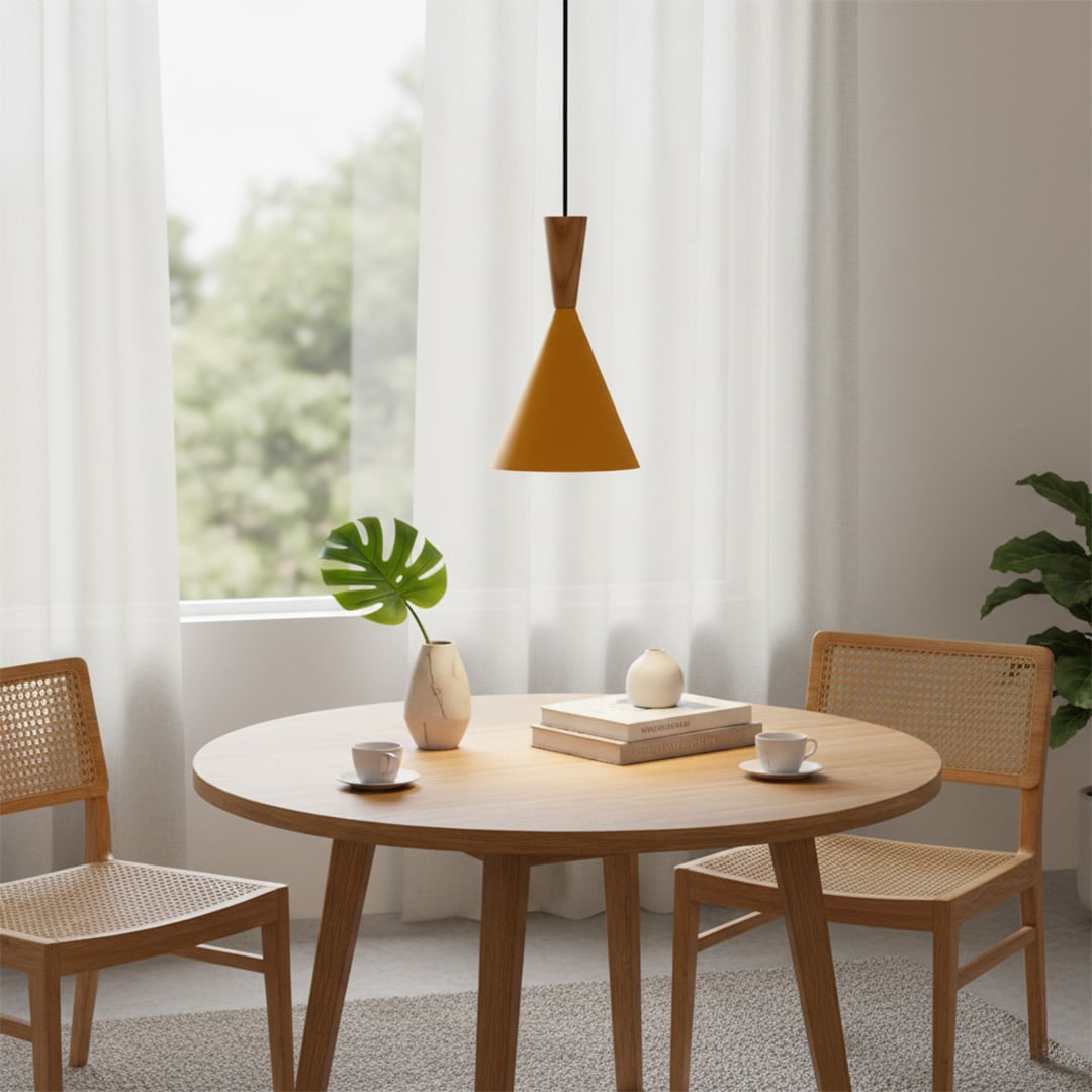 Modern cone pendant lights in green red and yellow shades with wooden tops for dining room or kitchen decor.