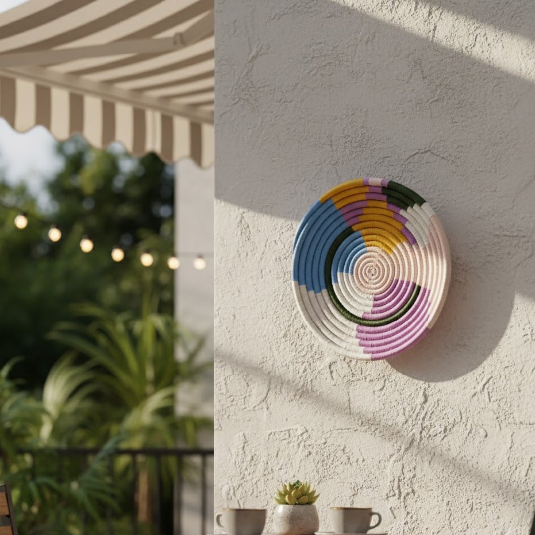 Handwoven circular wall decor mounted on a textured outdoor wall near a patio with plants string lights and soft daylight creating a relaxed decor setting.