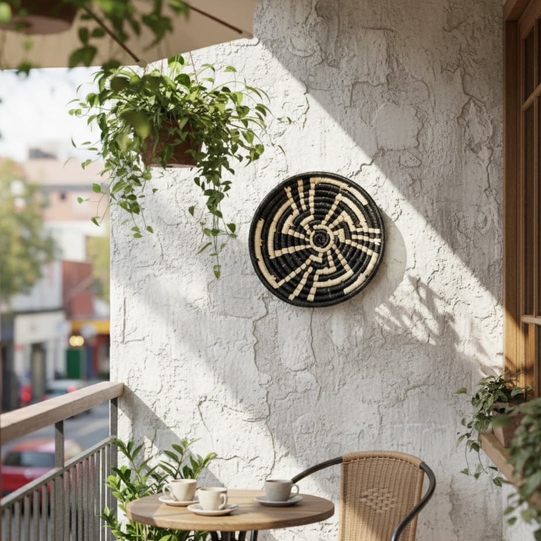 Decorative woven wall basket styled on exterior wall with plants creating artistic focal point for balcony and terrace Decor.