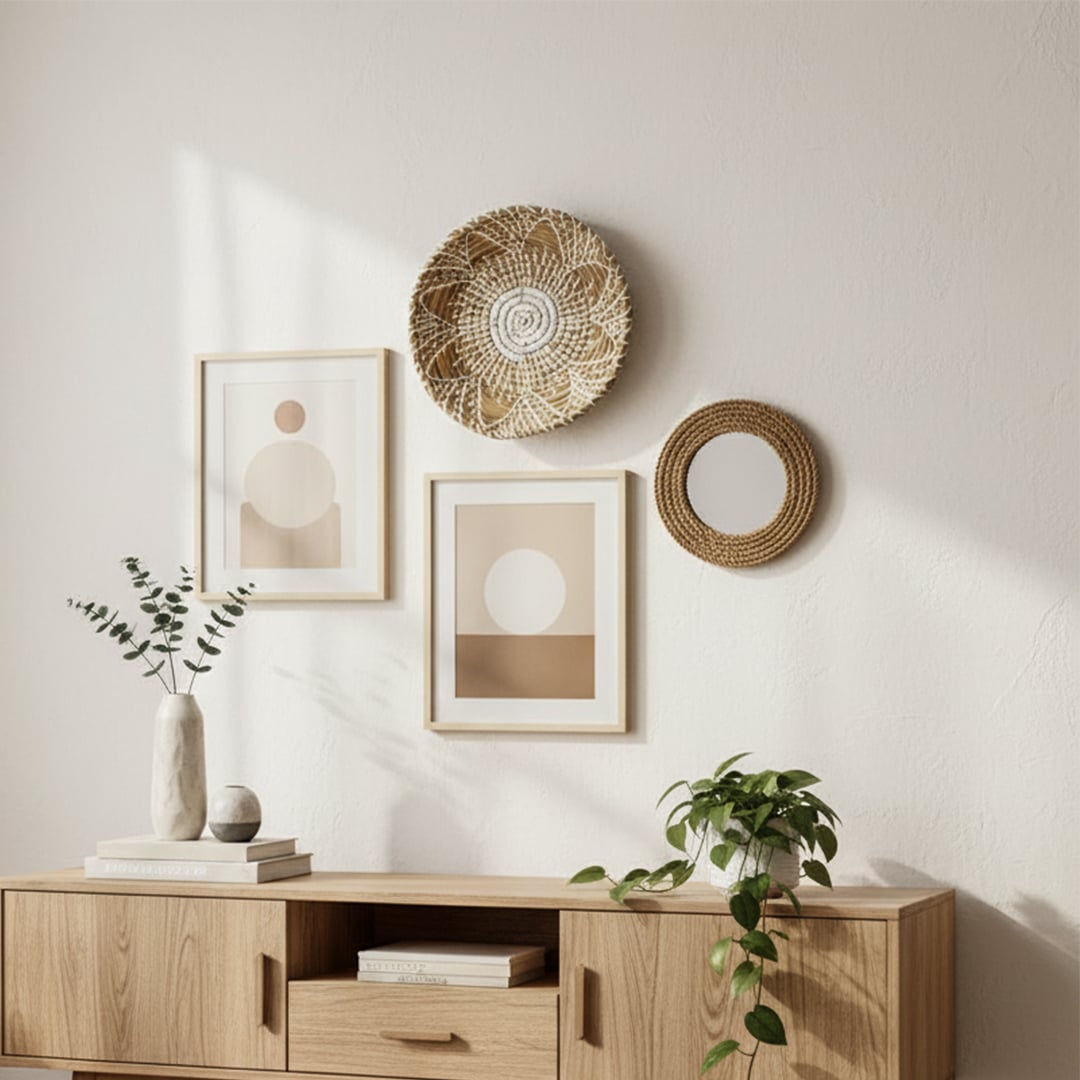 Natural fiber wall basket arranged with framed art and plants enhancing a bright console area with handcrafted decor appeal.