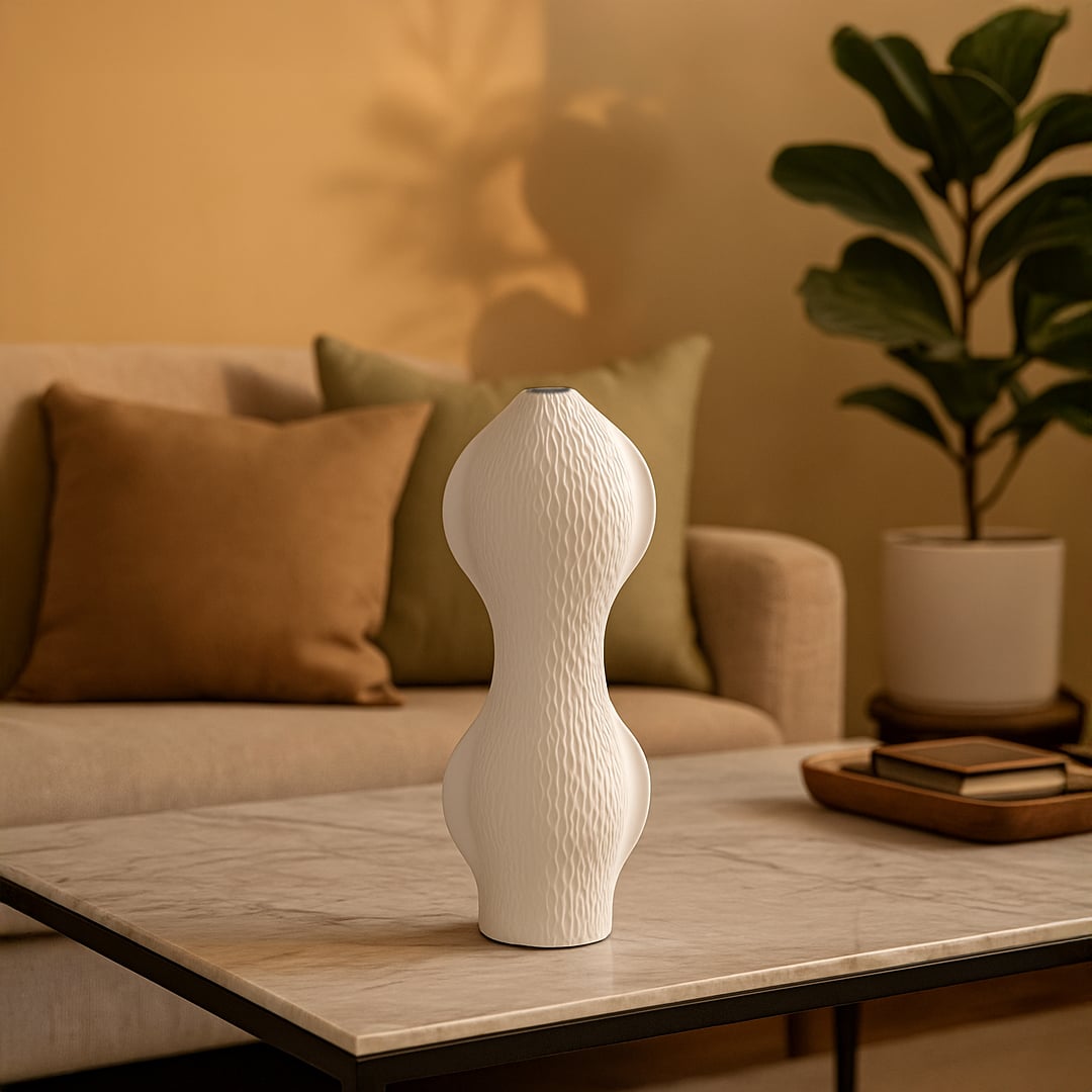 Tall white sculptural vase with a wavy modern design placed on a marble coffee table in a warm living room setting creating a sophisticated minimal look.