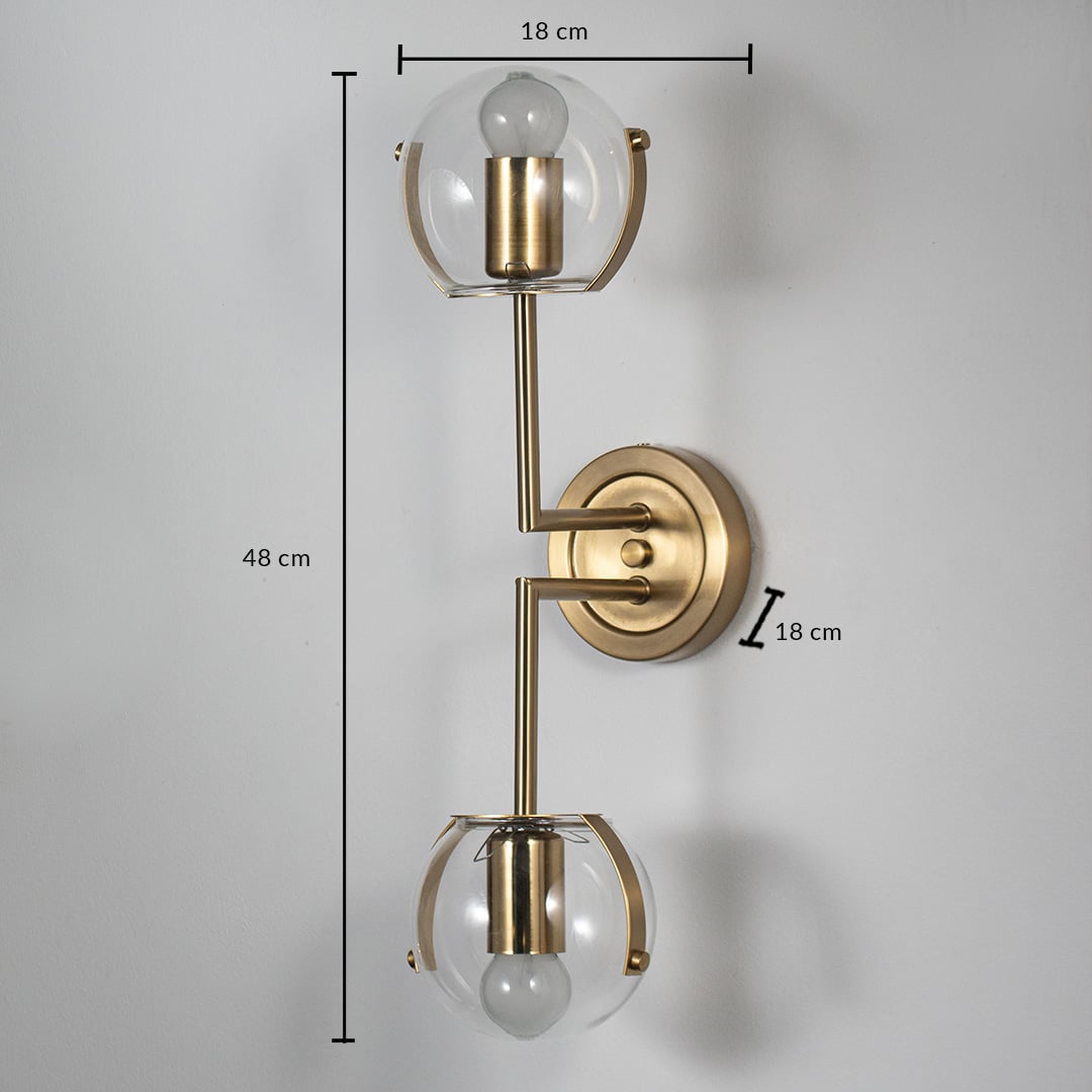 Gold metal wall light with clear glass shades showing dimensions approx 45 cm height 15 cm width suitable for luxury interior walls.