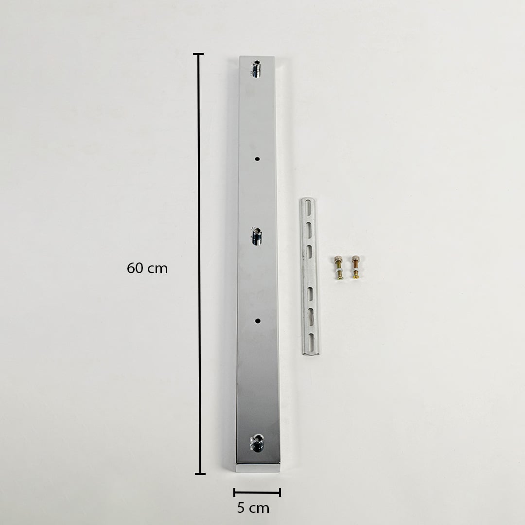Silver metal canopy measuring 60 cm by 5 cm supporting three pendant lights providing accurate mounting dimensions for installation in modern interiors.