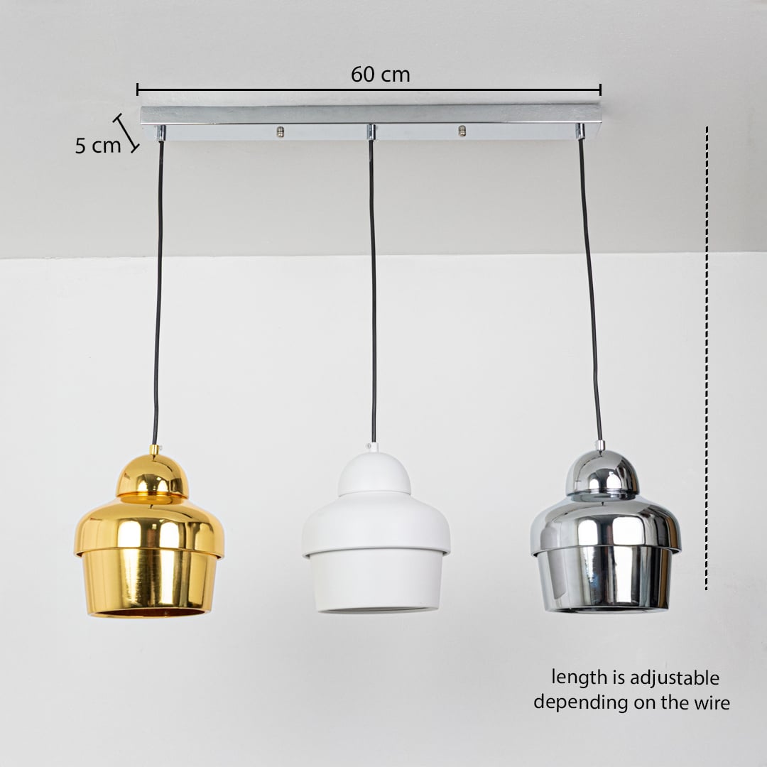 Gold white and chrome pendant light trio with adjustable wire length shown with measurement details for precise placement in stylish contemporary spaces.