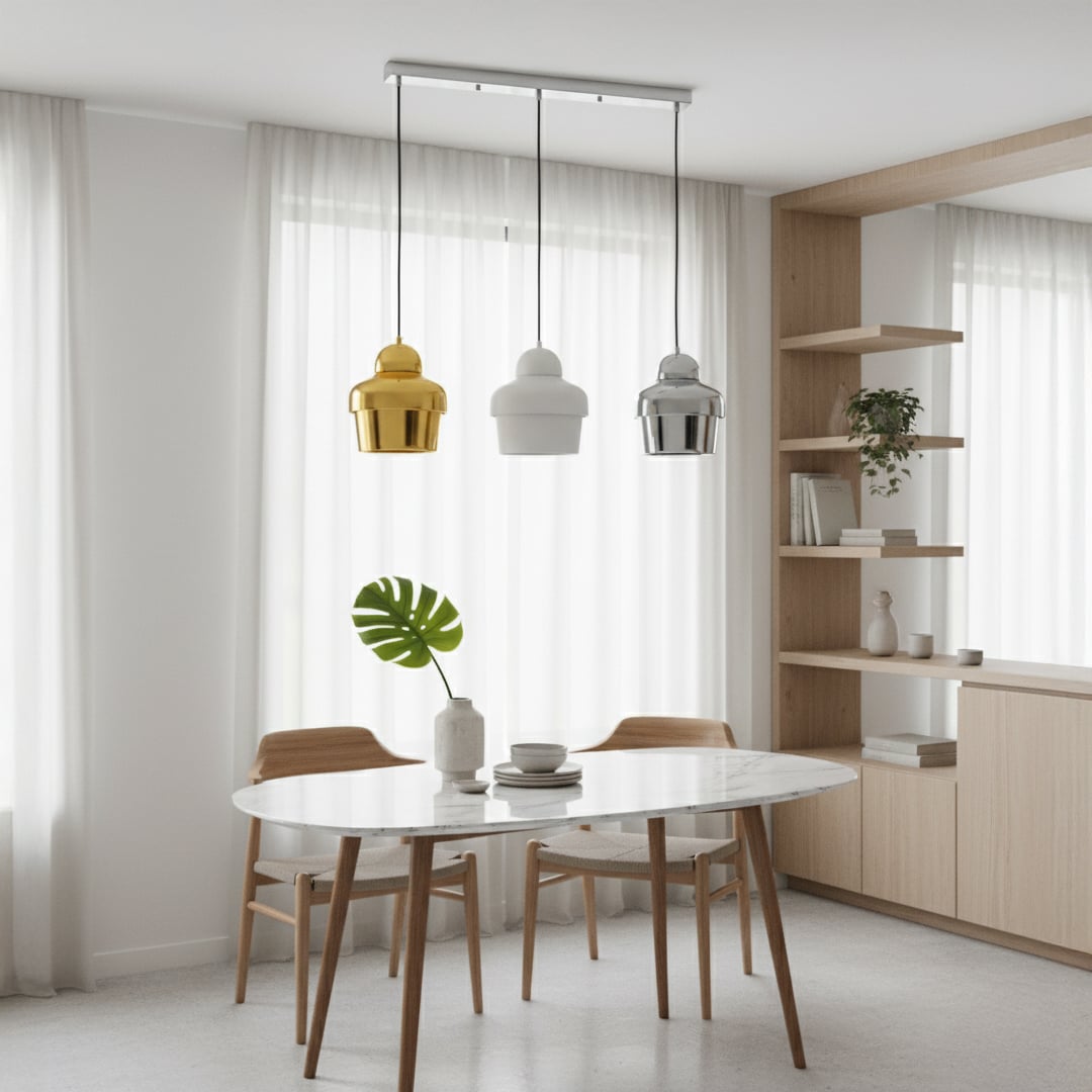 Modern gold white and chrome pendant lights hanging in a clean bright room adding a stylish decorative touch with a contemporary metal finish and soft ambient appeal.