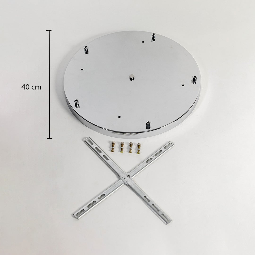 Round silver ceiling canopy measuring 40 cm supporting adjustable ceramic pendant lights with white textured shades for modern interior lighting.