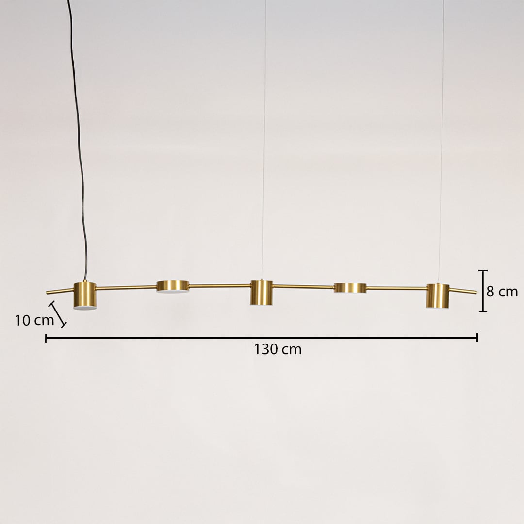 Gold linear pendant light shown on a white background with clear dimensions showing 130 cm length 10 cm height on the left head and 8 cm height on the right head.