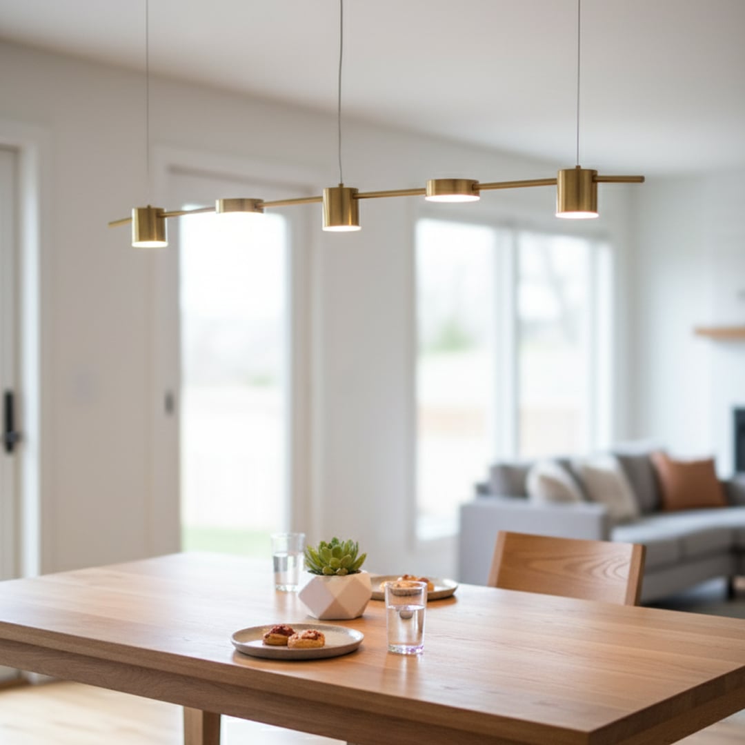 Modern dining area featuring a long gold linear pendant light hanging above a wooden table with soft natural light filling the room for a warm inviting feel.