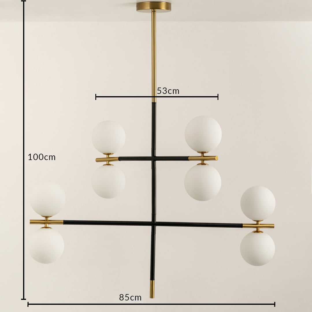 Designer chandelier showing 100 cm height 85 cm width and 53 cm depth ideal for living room dining hall and modern interiors.