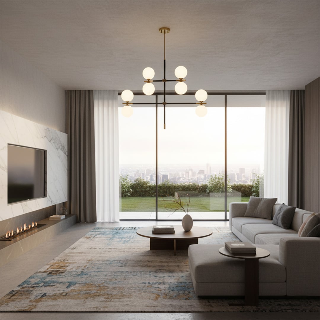 Modern black and gold chandelier with six frosted white glass globes adding luxury sophistication and soft illumination to living room.