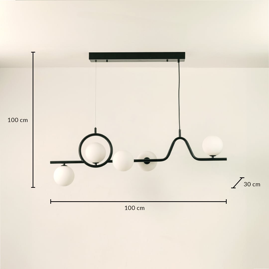 Black metal chandelier with 100 cm height 100 cm width and 30 cm depth shown clearly for accurate ceiling placement.