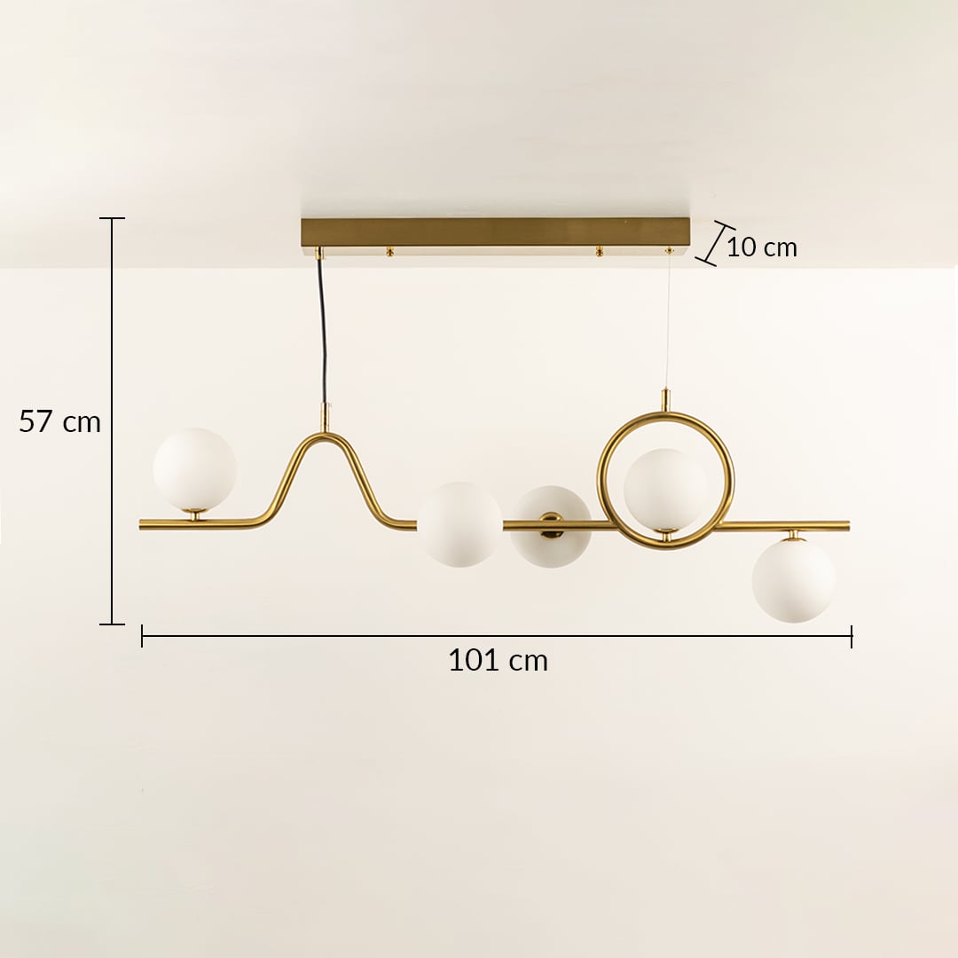 Gold ceiling chandelier with curved arm and circular accent in a front view measuring 101 cm width and 57 cm height against a plain wall background with lights on perfect for artistic lighting décor.