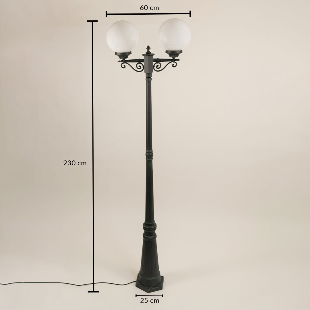Double-globe outdoor lamp post on a white background showing full measurements with height 230 cm width 60 cm and base width 25 cm for accurate size reference.