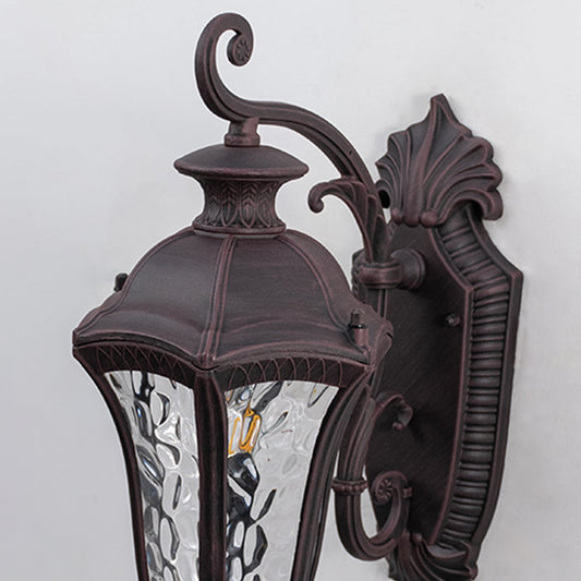Closeup of vintage wall lantern highlighting intricate detailing  metal frame craftsmanship  and hammered glass texture.