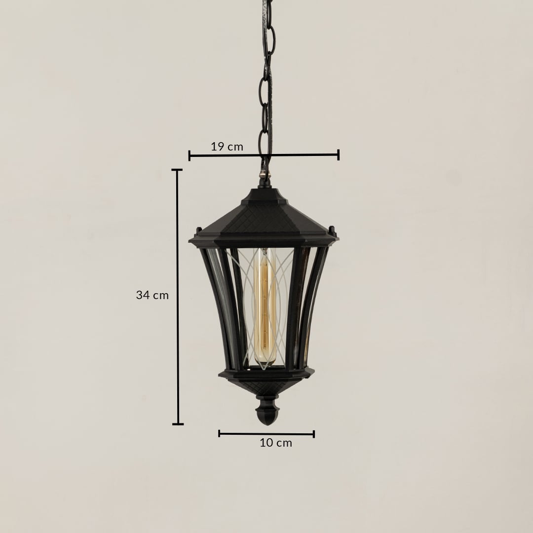 A black hanging outdoor lantern on a white background showing detailed measurements with height 34 cm width 19 cm and bottom width 10 cm clearly displayed for accurate size reference.