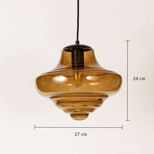 Amber glass pendant light with layered form showing 27 cm height and 27 cm diameter ideal for warm ambient interior lighting.
