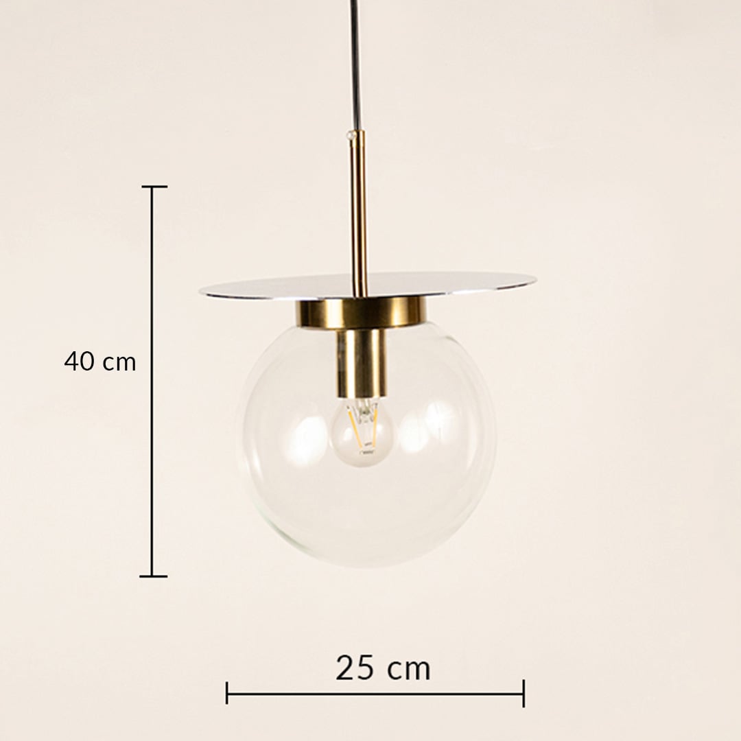 Designer glass globe pendant light showing 40 cm height and 25 cm width ideal for living rooms dining areas and luxury interiors.