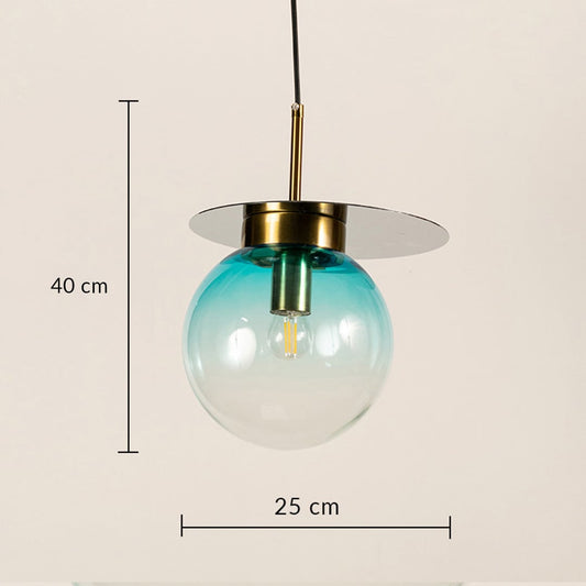 Glass globe pendant light with gold metal disc detail showing 40 cm height and 25 cm diameter for modern ceiling decor.