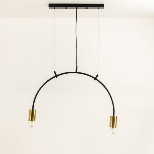 Black metal pendant linear light with arched frame and metal bulb holders shown switched off on a clean white background highlighting its minimalist modern silhouette for interior decor.