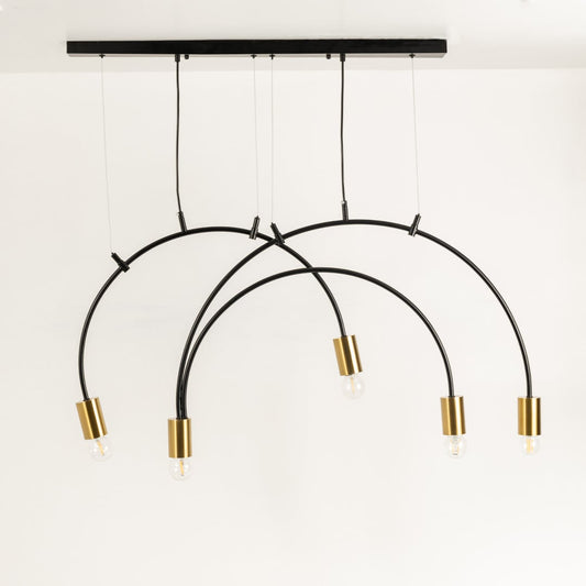 A stylish black metal chandelier with gold holders displayed with lights off on a bright white background showcasing its curved structure and modern appeal.