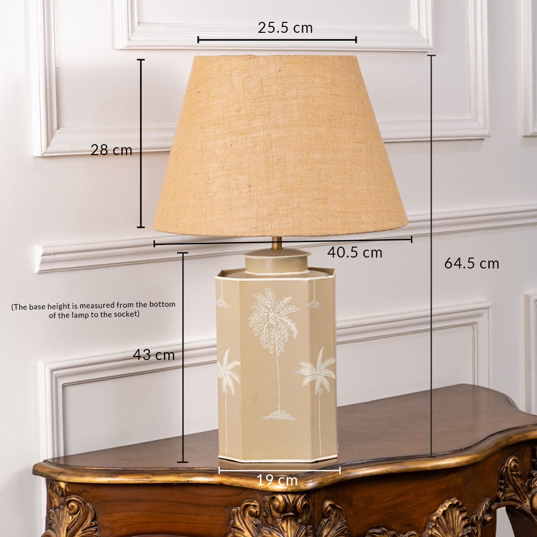 Palm design table lamp with jute shade measuring 64.5 cm height 43 cm base height 25.5 cm top width 19 cm base width and 40.5 cm total width