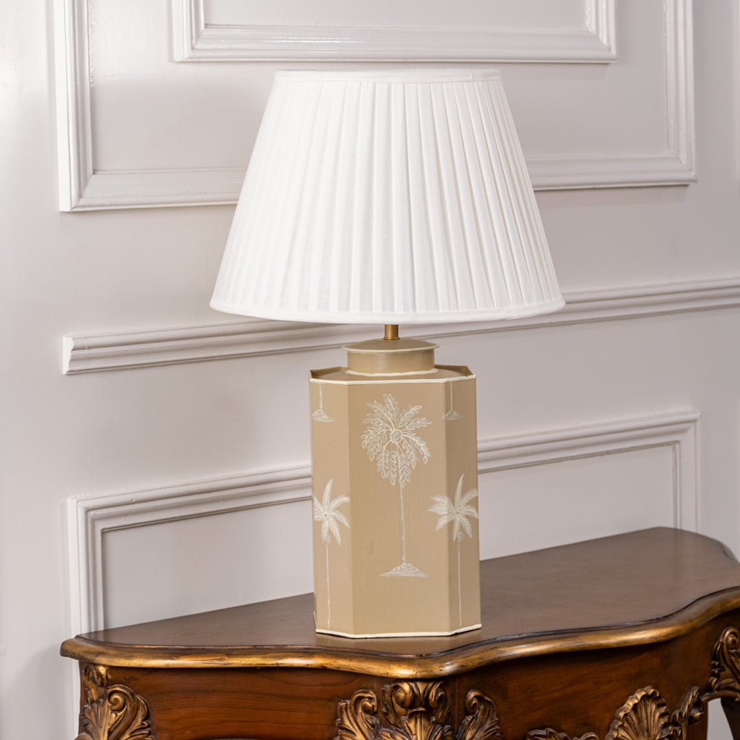 Beige palm table lamp turned off showcasing elegant ceramic base with white palm tree design and crisp pleated shade perfect for modern home interiors.