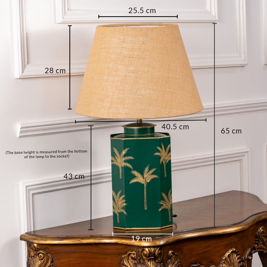 Green palm table lamp with pleated white shade measuring 65 cm height 43 cm base height 25.5 cm top width 19 cm base width and 40.5 cm overall width perfect for luxury home decor.