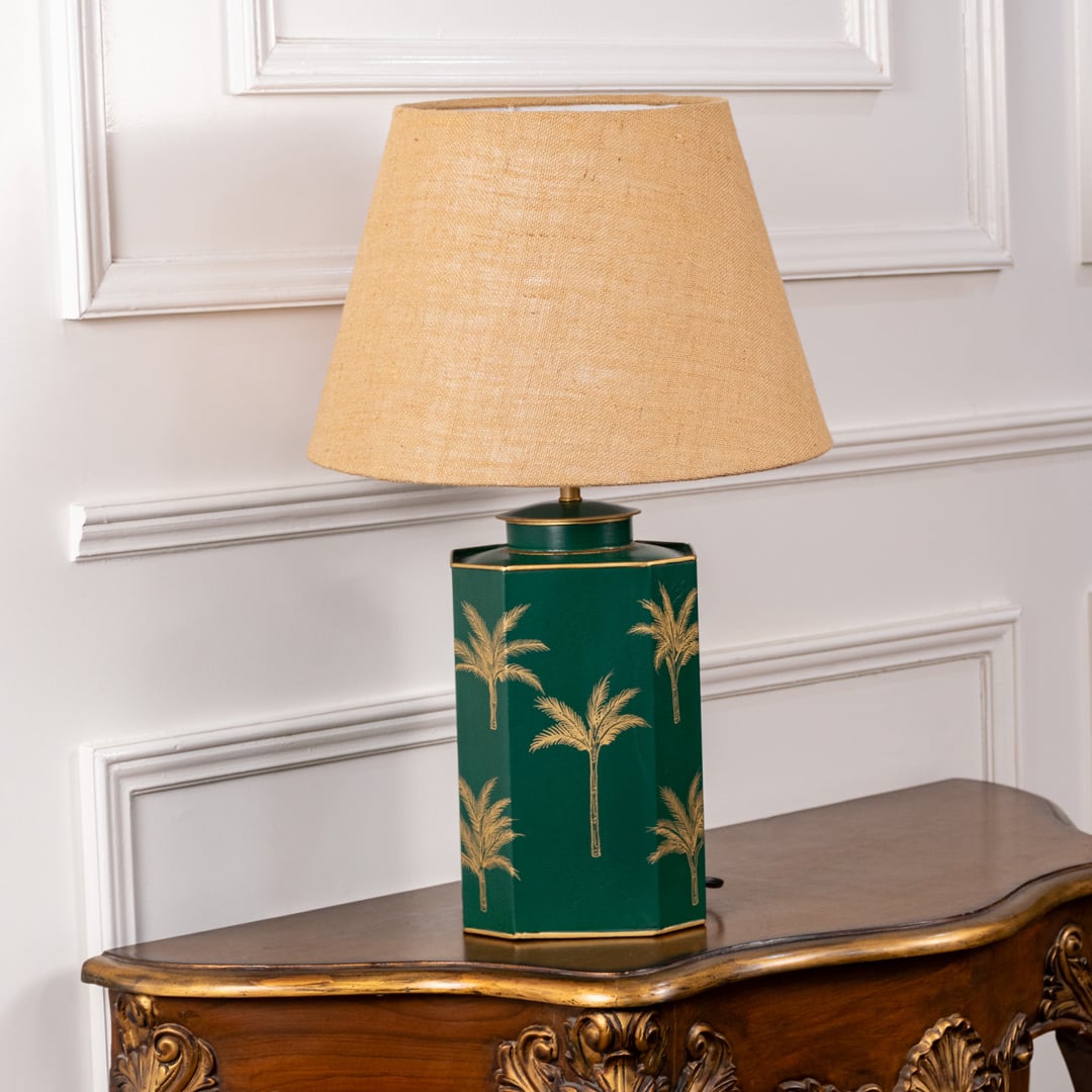 Green palm table lamp turned off showcasing smooth green ceramic base with gold palm detailing and crisp pleated shade ideal for modern bedroom or hallway decor.