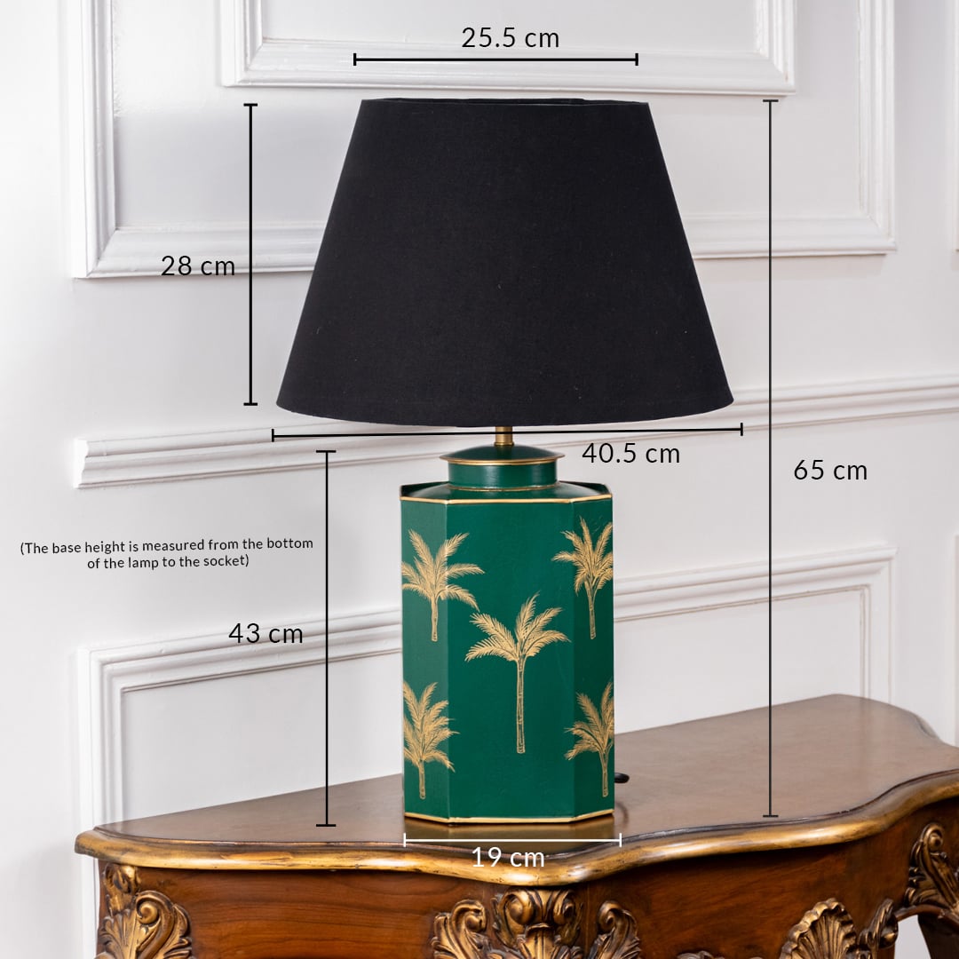 Green palm table lamp with black shade measuring 65 cm total height 43 cm base height 25.5 cm top width 19 cm base width and 40.5 cm overall width ideal for luxury home lighting.