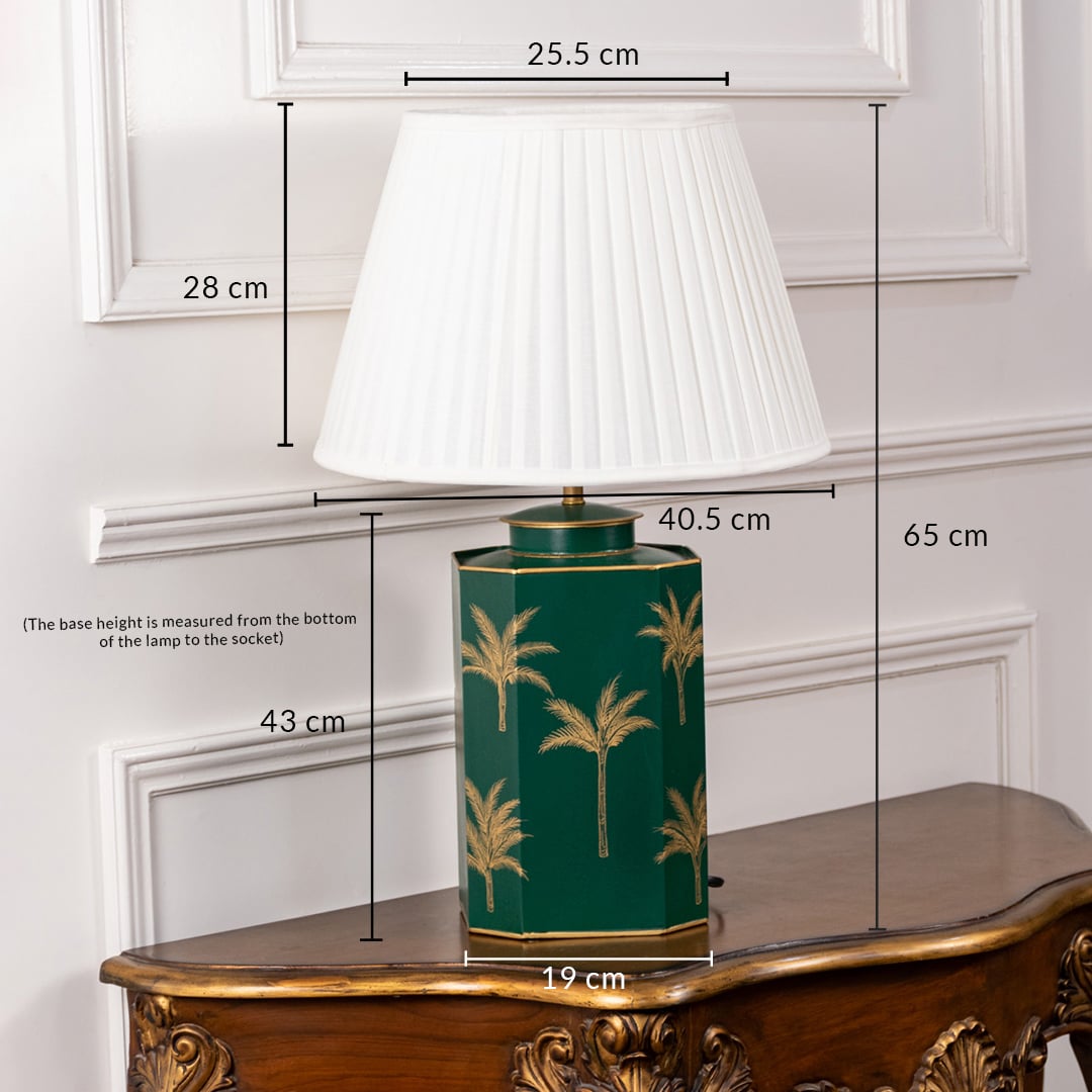 Green palm table lamp with white pleated shade measuring 65 cm total height 43 cm base height 25.5 cm top width 19 cm base width and 40.5 cm overall width perfect for luxury home decor.