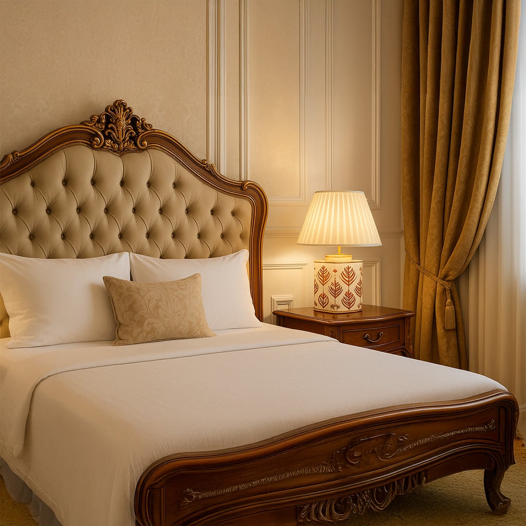 Elegant table lamp with hand painted floral design placed on a classic wooden bedside table beside a luxurious upholstered bed. The warm golden light creates a cozy bedroom ambiance highlighting the fine ceramic craftsmanship and soft pleated lampshade th