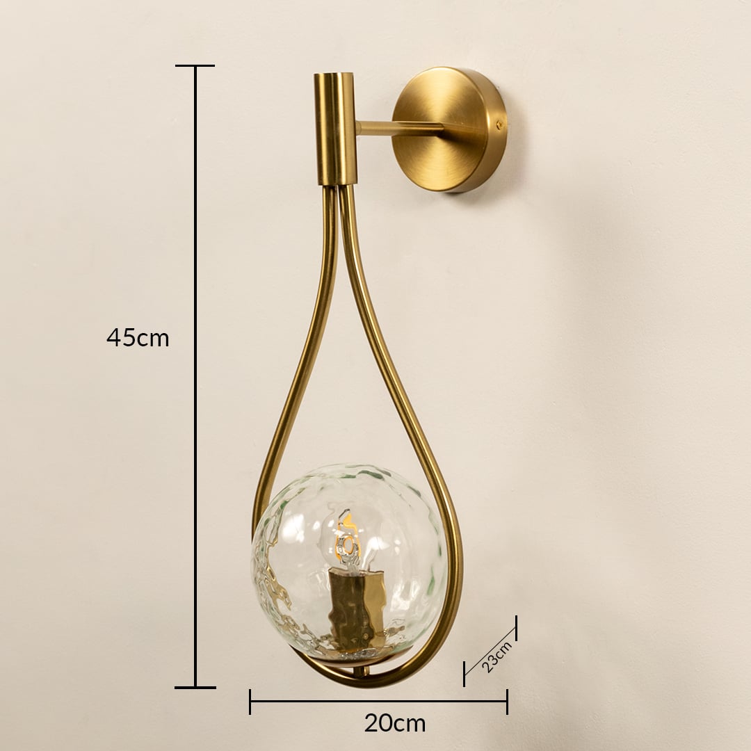 Brushed gold teardrop wall light measuring 45 cm by 20 cm with 23 cm depth shown clearly for accurate placement on modern interior walls.