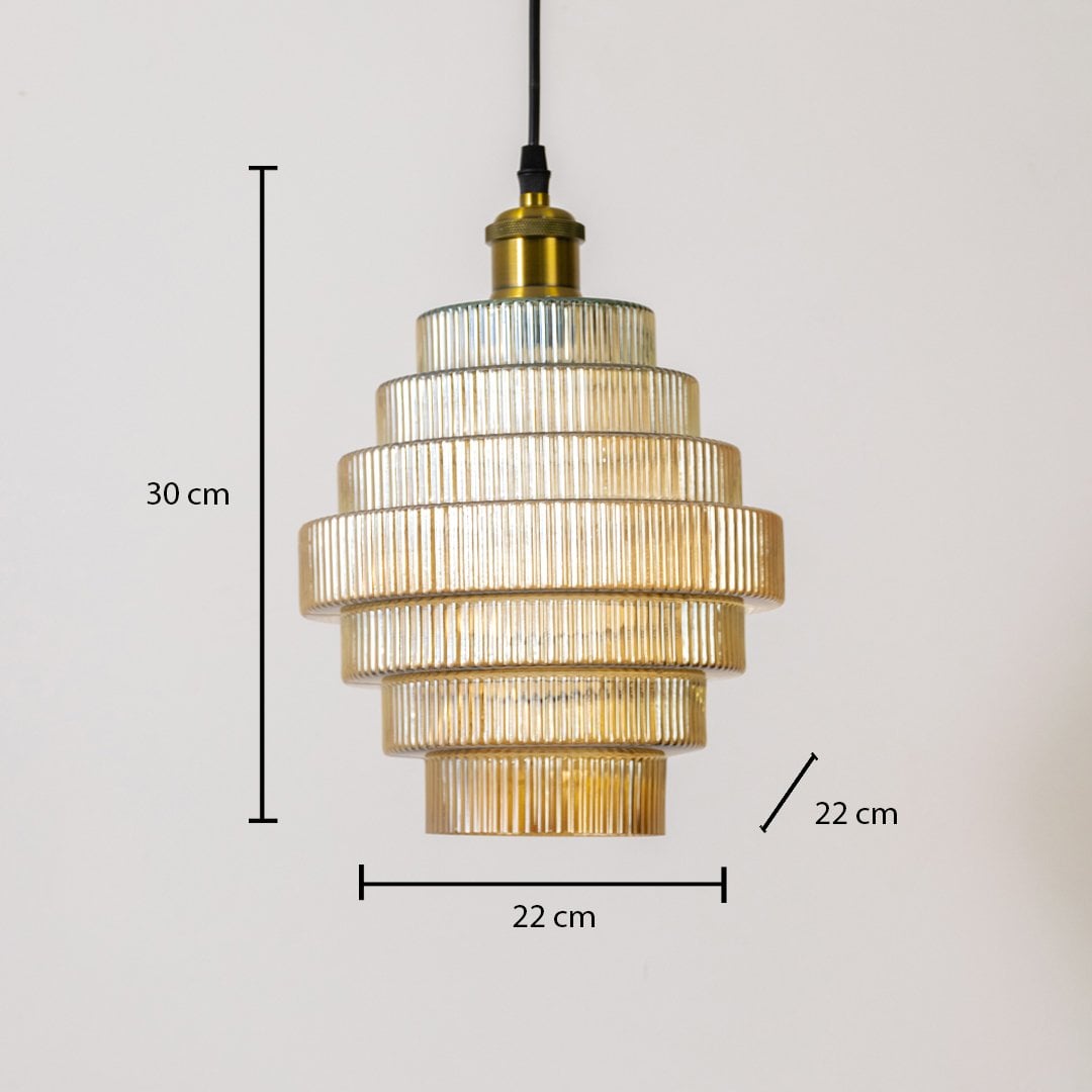 Tiered ribbed glass pendant light with dimensions labeled: 30 cm height 22 cm width and 22 cm depth for accurate size reference.