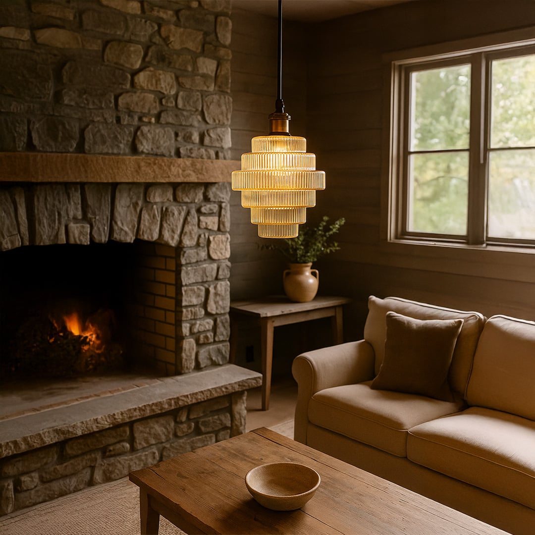 Elegant tiered glass pendant light styled in a warm lifestyle setting showcasing its layered ribbed design and soft ambient glow.