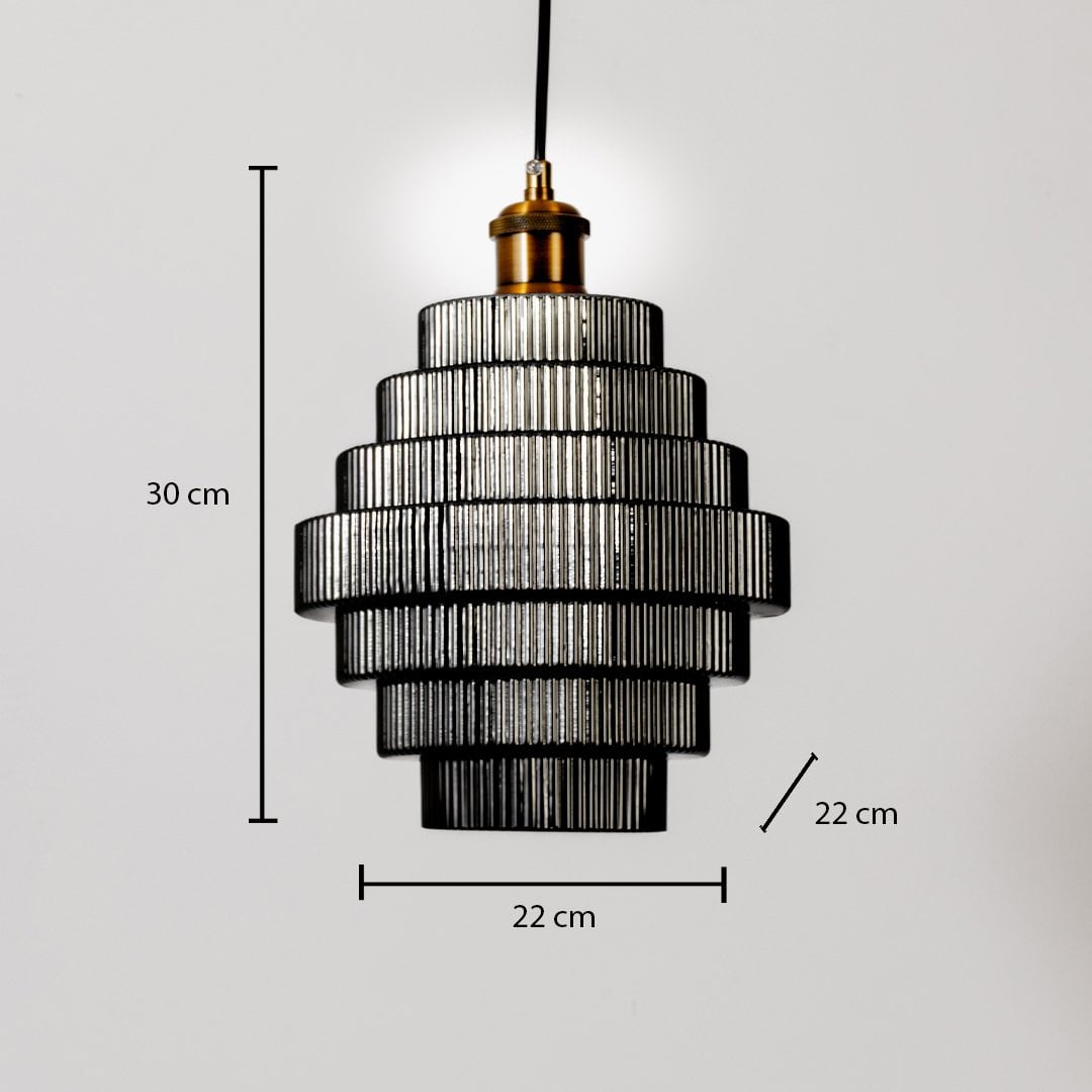 Pendant light with tiered ribbed glass shade shown with dimensions labeled: 30 cm height 22 cm width and 22 cm depth for accurate sizing.